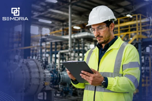 Trabajador de sector industrial revisando IPERC en tablet - Semdria
