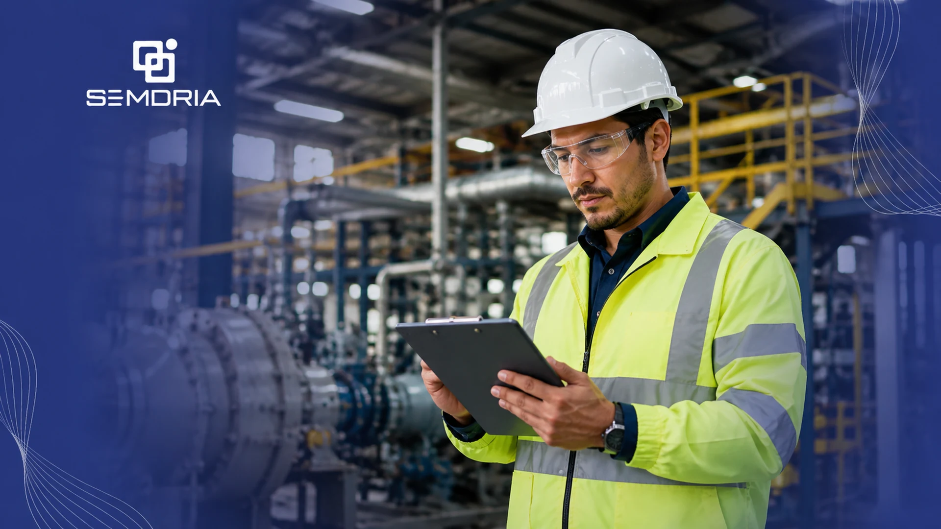 Trabajador de sector industrial revisando IPERC en tablet - Semdria